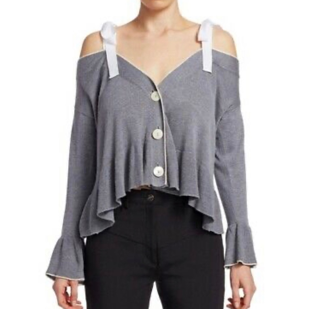 cinq a sept COLBY CASHMERE/Silk  RIBBON COLD SHOULDER CARDIGAN SWEATER
